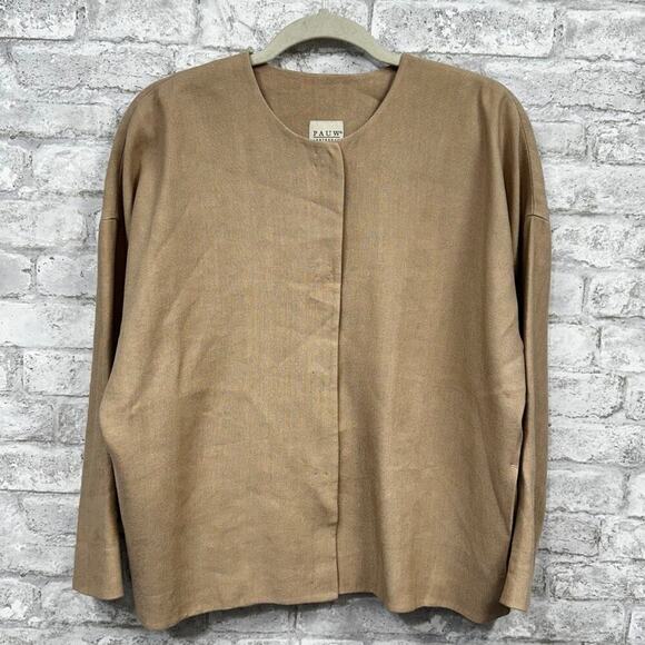 PAUW Linen Blend Tan Short Hidden Button Lightweight Blazer Pocket‎ No Collar 0 - Picture 3 of 13